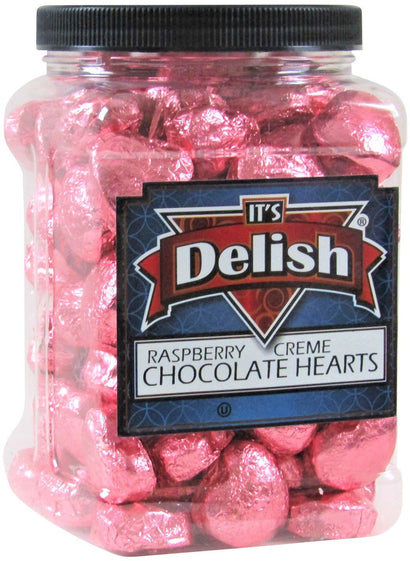 Raspberry Creme Chocolate Hearts - Pink Foil Jumbo Jar - It's Delish