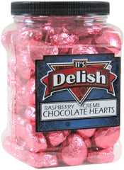 Raspberry Creme Chocolate Hearts - Pink Foil Jumbo Jar - It's Delish